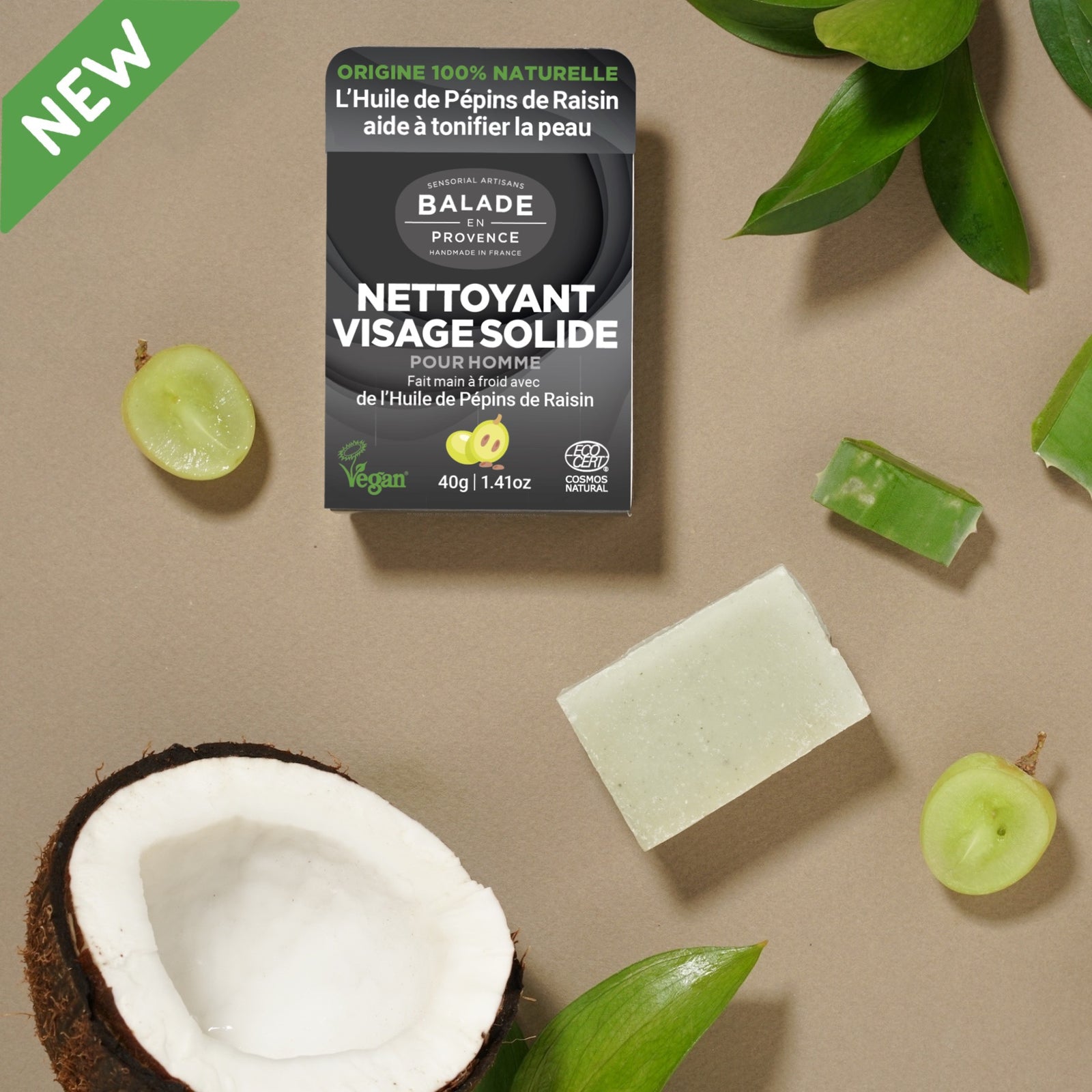 zero waste, zéro plastique, skincare, nettoyant visage solide, homme, huile de pépin de raisin, balade en provence, baume, , cosmétique solide, cosmétique biologique, vegan, compostable, origine 100% naturelle, beauty product skincare product