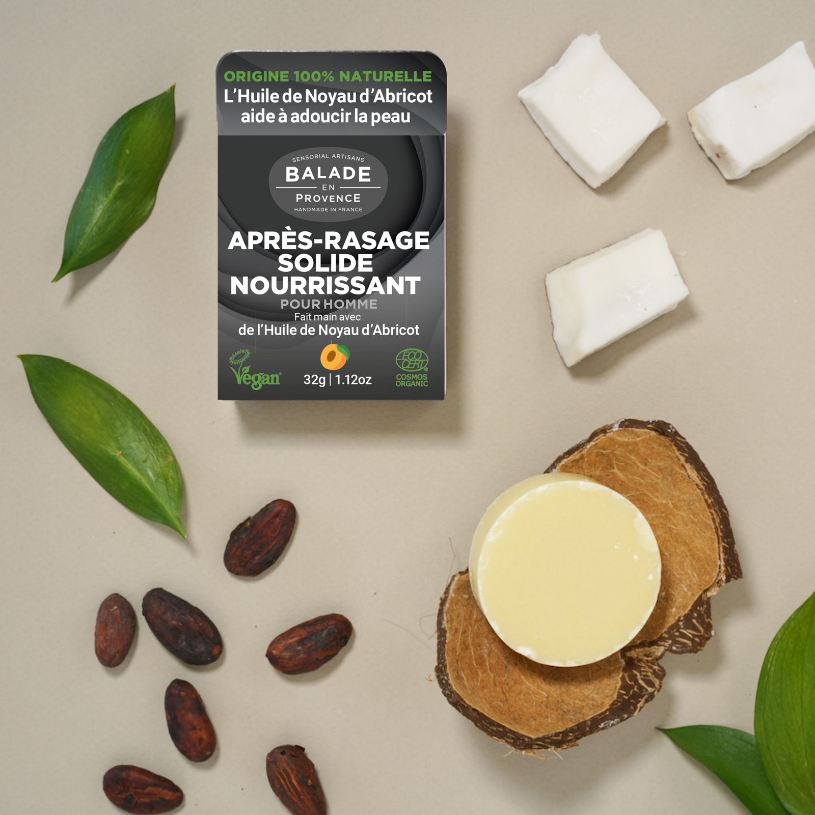 zero waste, zéro plastique, skincare, baume, après rasage homme, cosmétique solide, cosmétique biologique, vegan, compostable 