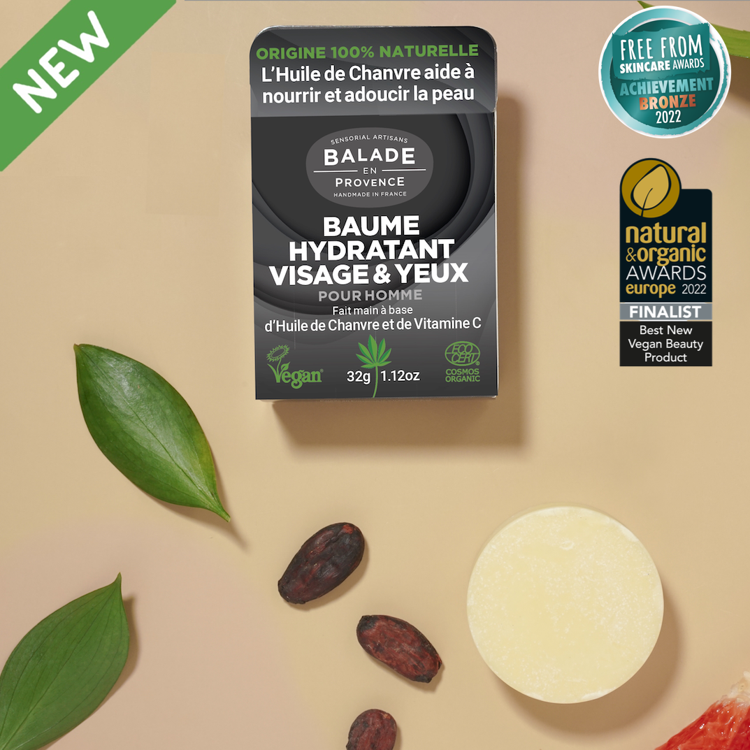 zero waste, zéro plastique, skincare, baume, hydratation, visage et yeux, baume homme, huile de chanvre, cosmétique solide, cosmétique biologique, vegan, compostable, origine 100% naturelle, beauty product