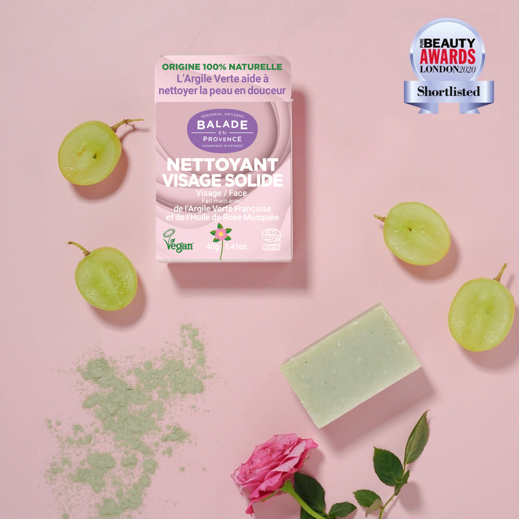 zero waste, zéro plastique, skincare, nettoyant visage, face cleanser, argile verte, balade en provence, baume, , cosmétique solide, cosmétique biologique, vegan, compostable, origine 100% naturelle, beauty product skincare product